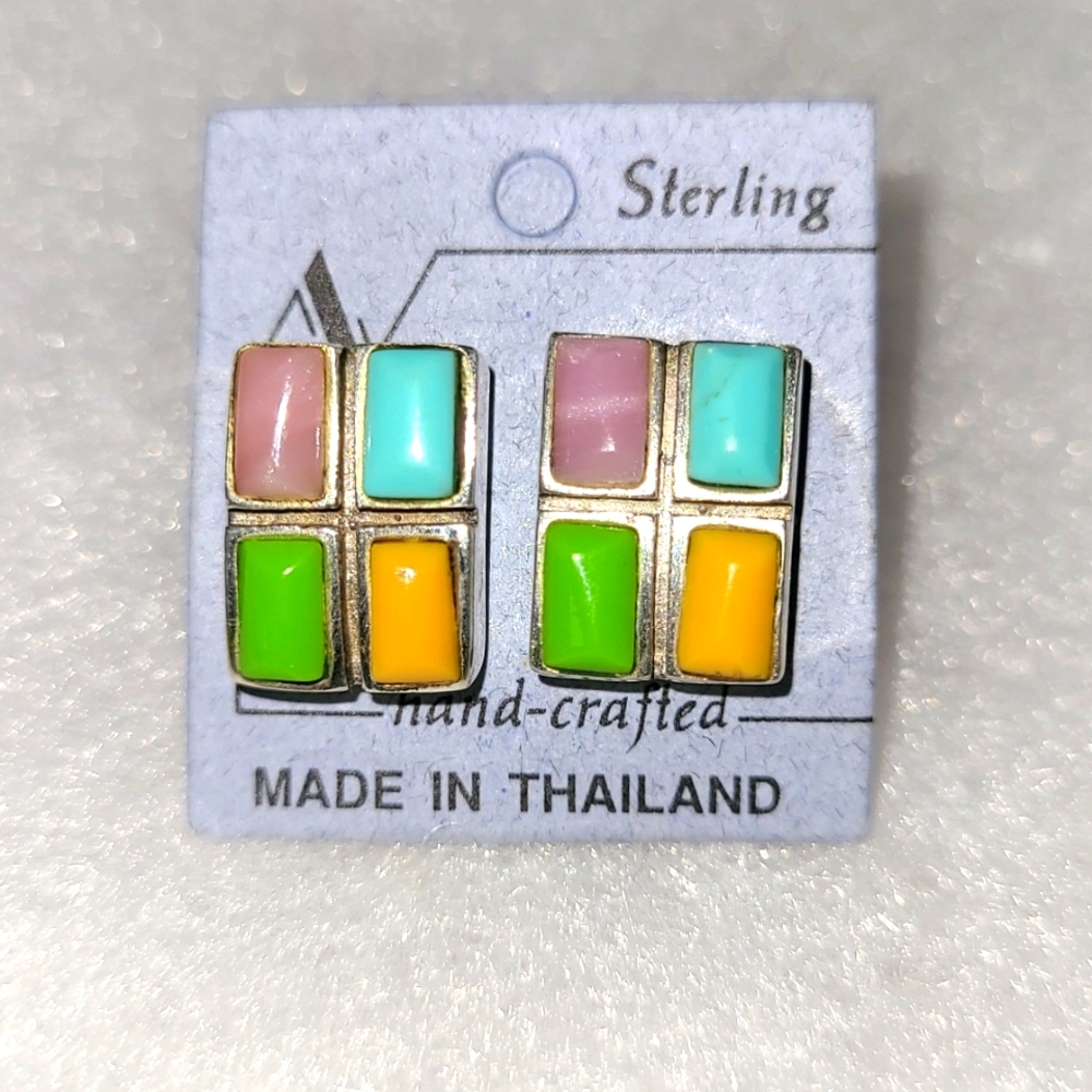 Mosaic Tile Earrings Pastel Rainbow Geometric Stones 925 Sterling Pierced Post